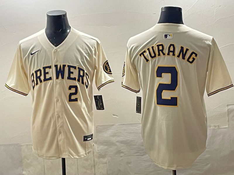 Men 2025 Milwaukee Brewers #2 Turang Cream 2025 Nike MLB Jersey 014